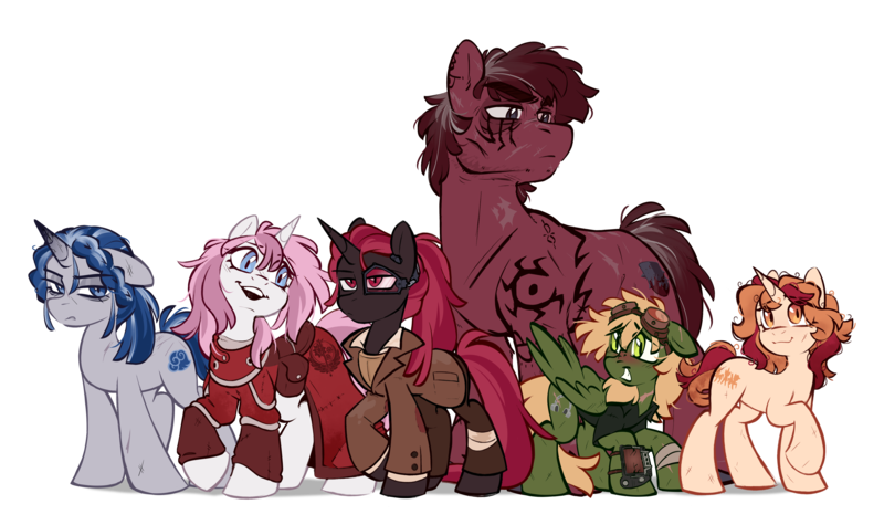 Size: 4800x2850 | Tagged: safe, artist:crimmharmony, derpibooru import, oc, oc:brimstone blitz, oc:coral eve, oc:glimmerlight, oc:murky, oc:protege, oc:unity, unofficial characters only, earth pony, pegasus, unicorn, fallout equestria, fallout equestria: murky number seven, bandage, buff, clothes, earth pony oc, fanfic art, goggles, goggles on head, group photo, horn, image, messy mane, muscles, pegasus oc, pipbuck, png, simple background, size comparison, size difference, steel ranger, steel ranger scribe, tattoo, transparent background, unicorn oc, wings