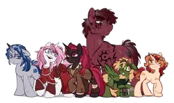 Size: 4800x2850 | Tagged: safe, artist:crimmharmony, derpibooru import, oc, oc:brimstone blitz, oc:coral eve, oc:glimmerlight, oc:murky, oc:protege, oc:unity, unofficial characters only, earth pony, pegasus, unicorn, fallout equestria, fallout equestria: murky number seven, bandage, buff, clothes, earth pony oc, fanfic art, goggles, goggles on head, group photo, horn, image, messy mane, muscles, pegasus oc, pipbuck, png, simple background, size comparison, size difference, steel ranger, steel ranger scribe, tattoo, transparent background, unicorn oc, wings