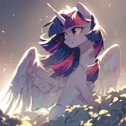 Size: 4096x4096 | Tagged: safe, ai content, derpibooru import, machine learning generated, stable diffusion, twilight sparkle, twilight sparkle (alicorn), alicorn, pony, female, fluffy, g4, generator:purplesmart.ai, image, jpeg, looking sideways, simple background, solo, solo female, spread wings, wind, windswept mane, wings