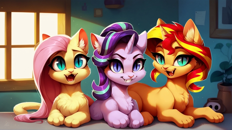 Size: 1920x1080 | Tagged: safe, ai content, derpibooru import, machine learning generated, stable diffusion, fluttershy, starlight glimmer, sunset shimmer, cat, adorable face, catified, chest fluff, cute, evil grin, fangs, fluffy, g4, generator:pony diffusion v6 xl, green eyes, grin, horn, image, indoors, jpeg, lidded eyes, lying down, multicolored hair, open mouth, orange fur, pink hair, purple eyes, purple fur, purple hair, shyabetes, slit pupils, smiling, species swap, unicorn horn, window, yellow fur