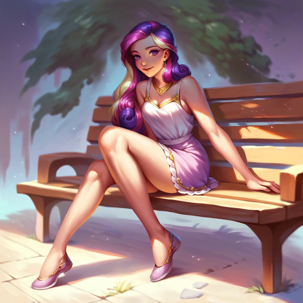 Size: 4096x4096 | Tagged: safe, ai content, anonymous artist, derpibooru import, machine learning generated, stable diffusion, princess cadance, human, bench, clothes, dress, ear piercing, earring, female, generator:pony diffusion v6 xl, generator:purplesmart.ai, humanized, image, jewelry, legs, looking at you, necklace, piercing, png, sexy, shoes, sitting, solo, upscaled