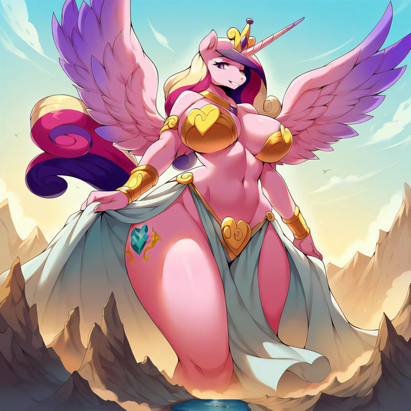 Size: 4096x4096 | Tagged: questionable, ai content, derpibooru import, machine learning generated, stable diffusion, princess cadance, alicorn, anthro, armband, belly button, big breasts, breasts, busty princess cadance, clothes, crown, curvy, female, g4, generator:purplesmart.ai, giantess, giga, goddess, huge breasts, image, jewelry, jpeg, macro, mountain, prompter:argusx, regalia, robes, smiling, solo, solo female, spread wings, thick, wide hips, wings