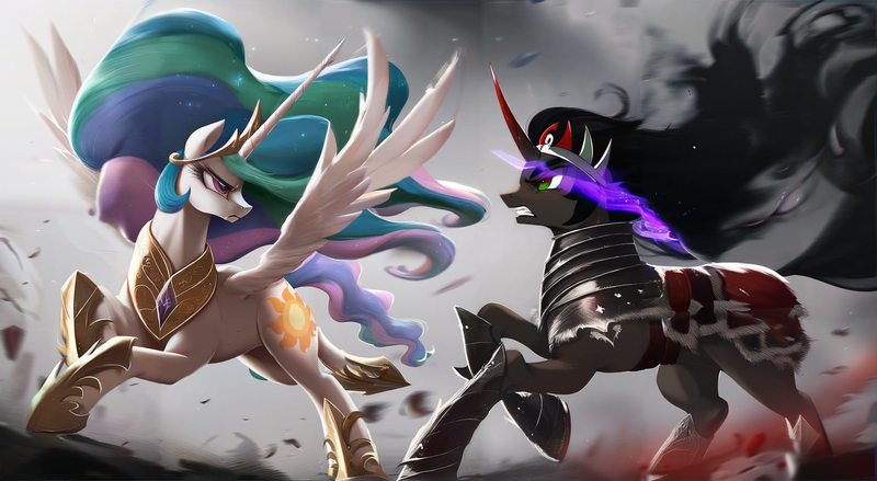 Size: 2800x1536 | Tagged: safe, ai content, derpibooru import, machine learning generated, stable diffusion, king sombra, princess celestia, battlefield, duel, fight, g4, generator:pony diffusion v6 xl, generator:purplesmart.ai, image, png