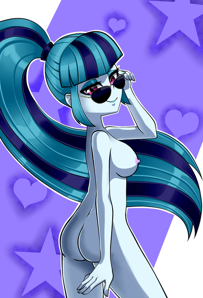 Size: 1500x2200 | Tagged: questionable, anonymous editor, artist:nekojackun, derpibooru import, edit, sonata dusk, human, equestria girls, ass, bedroom eyes, breasts, busty sonata dusk, butt, eyebrows, eyeshadow, female, g4, heart, image, looking at you, looking back, looking back at you, makeup, nipples, nude edit, nudity, outline, png, pose, rear view, seductive, seductive pose, side view, sideboob, smiling, smiling at you, solo, sonata donk, stars, sunglasses, white outline