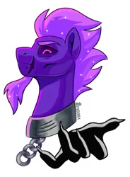 Size: 1471x2000 | Tagged: safe, artist:zendora, oc, oc:nocturne comet, unofficial characters only, earth pony, pony, beard, bust, chains, collar, dark magic, earth pony oc, ethereal mane, eyebrows, facial hair, facial scar, hand, image, looking at you, magic, male, png, profile, purple sclera, simple background, solo, stallion, starry mane, white background