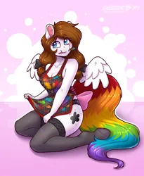 Size: 2552x3112 | Tagged: suggestive, artist:dandy, derpibooru import, oc, oc:color splash, unofficial characters only, anthro, pegasus, unguligrade anthro, apron, art trade, bow, breasts, cleavage, clothes, ear fluff, eye clipping through hair, eyebrows, eyebrows visible through hair, female, hair bow, high res, image, kneeling, lingerie, looking at you, paint, paintbrush, panties, pegasus oc, pinup, png, rainbow tail, socks, solo, solo female, stockings, tail, tail bow, thigh highs, underwear, wings
