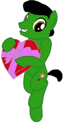 Size: 524x908 | Tagged: safe, artist:brawnybold, derpibooru import, oc, oc:brawny bold, earth pony, base used, chocolate, cutie mark, earth pony oc, food, hearts and hooves day, holding, image, jpeg, looking at you, smiling, smiling at you