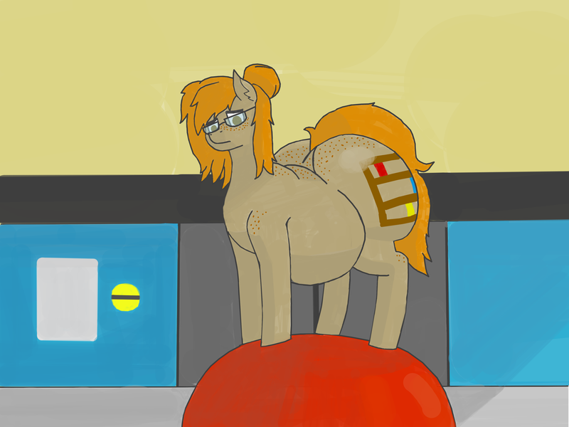 Size: 4080x3060 | Tagged: suggestive, artist:kokopingas98, derpibooru import, oc, oc:quick shelf, earth pony, pony, ball, belly, big belly, bookshelf, butt, butt freckles, chubby, concerned, concerned pony, cutie mark, eyewear, fat, female, freckles, glasses, hair bun, huge belly, huge butt, image, large butt, mare, png, red hair, red head, shoulder freckles, solo, solo focus, store, storefront, thighs, thunder thighs, wide hips, worried