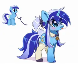 Size: 2319x1912 | Tagged: safe, artist:bizarre_pony, derpibooru import, minuette, pony, unicorn, :p, alternate design, blushing, bow, bowtie, clothes, female, hair bow, image, jpeg, mare, socks, solo, stockings, thigh highs, tongue out