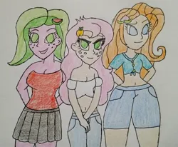 Size: 1626x1340 | Tagged: safe, artist:darthrivan, derpibooru import, oc, oc:briar apple, oc:melon kiss, oc:peach blossom, unofficial characters only, human, equestria girls, belly button, big breasts, breasts, child bearing hips, cleavage, female, freckles, front knot midriff, hairclip, image, jpeg, magical lesbian spawn, midriff, offspring, parent:applejack, parent:fluttershy, parents:appleshy, trio, trio female, wide hips