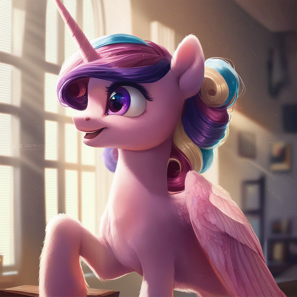 Size: 1024x1024 | Tagged: safe, ai content, derpibooru import, machine learning generated, prompter:maresforever, stable diffusion, princess cadance, alicorn, pony, female, g4, generator:purplesmart.ai, image, mare, png, smiling, solo, teen princess cadance