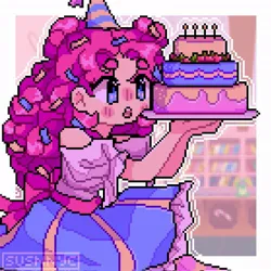 Size: 1023x1024 | Tagged: safe, artist:romaadoodles, derpibooru import, pinkie pie, human, equestria girls, birthday cake, cake, clothes, dress, female, food, g4, hat, image, jpeg, party hat, pixel art, solo