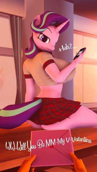 Size: 2160x3840 | Tagged: oc name needed, suggestive, artist:shadowuwu, derpibooru import, starlight glimmer, oc, unofficial characters only, anthro, plantigrade anthro, unicorn, 3d, breasts, busty starlight glimmer, commission, holiday, image, jpeg, looking at you, male, male pov, nudity, offscreen character, offscreen male, pov, valentine's day, ych result