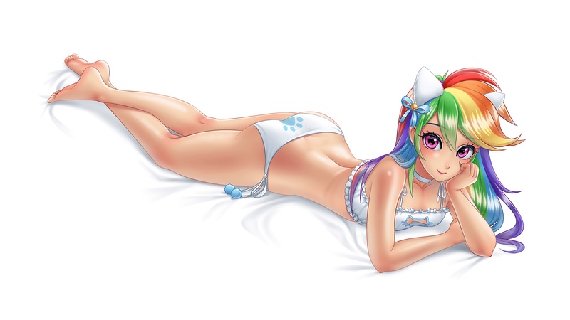 Size: 6680x3760 | Tagged: artist needed, suggestive, ponerpics import, rainbow dash, human, ass, bed, boob window, bra, breasts, butt, cat ears, cat ears headband, cat keyhole bra set, cat lingerie, choker, cleavage, clothes, headband, image, jpeg, lingerie, multicolored hair, panties, rainbow hair, simple background, solo, string panties, underwear, white background