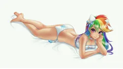 Size: 6680x3760 | Tagged: artist needed, suggestive, ponerpics import, rainbow dash, human, ass, bed, boob window, bra, breasts, butt, cat ears, cat ears headband, cat keyhole bra set, cat lingerie, choker, cleavage, clothes, headband, image, jpeg, lingerie, multicolored hair, panties, rainbow hair, simple background, solo, string panties, underwear, white background