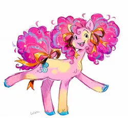 Size: 1308x1208 | Tagged: safe, artist:lutraviolet, derpibooru import, pinkie pie, earth pony, pony, alternate design, bow, chest fluff, coat markings, colored hooves, curly mane, curly tail, ear fluff, female, g4, hair bow, image, jpeg, mare, multicolored hair, open mouth, raised hoof, redesign, simple background, smiling, solo, splotches, tail, tail bow, tooth gap, twitterina design, unshorn fetlocks, white background