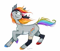 Size: 1247x1079 | Tagged: safe, artist:lutraviolet, derpibooru import, rainbow dash, earth pony, pony, alternate design, bandage, coat markings, colored hooves, facial markings, female, g4, headband, image, jpeg, looking back, mare, multicolored hair, multicolored tail, pale belly, redesign, simple background, smiling, solo, stripe (coat marking), tail, torn ear, twitterina design, white background