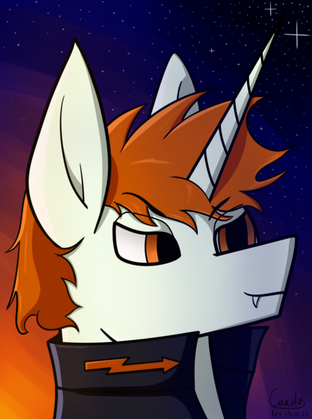 Size: 1248x1680 | Tagged: safe, artist:carolus rex, derpibooru import, oc, unicorn, equestria at war mod, bust, clothes, equestria rises still (equestria at war submod), fangs, gradient background, horn, image, orange eyes, orange mane, png, portrait, solo, unicorn oc