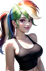 Size: 536x816 | Tagged: suggestive, ai content, derpibooru import, machine learning generated, rainbow dash, human, equestria girls, rainbow rocks, breasts, busty rainbow dash, humanized, image, looking at you, png, simple background, smiling, smiling at you, solo, standing, tail, white background