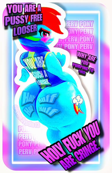 Size: 1170x1806 | Tagged: suggestive, artist:snuddy, edit, editor:st0n3yp0n13, rainbow dash, anthro, pegasus, 3d, abstract background, blender, butt, cringing, female, findom, floating wings, fuck you, gooner, image, large butt, looking at you, looking back, looking back at you, loser, png, rainbow dash is not amused, rainbutt dash, solo, solo female, text, the ass was fat, unamused, useless clothing, vulgar, wide hips, wings