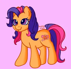 Size: 1924x1871 | Tagged: safe, artist:leopardsnaps, derpibooru import, scootaloo (g3), earth pony, pony, g3, female, image, looking up, mare, pink background, png, simple background, smiling, solo, standing