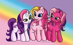 Size: 2900x1800 | Tagged: safe, artist:leopardsnaps, derpibooru import, cheerilee (g3), sweetie belle (g3), earth pony, pony, unicorn, g3, image, looking at each other, looking at someone, open mouth, png, rainbow, rainbow background, smiling, toola-roola, trio