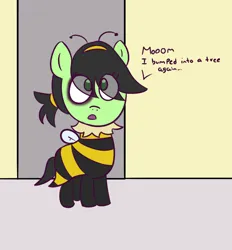 Size: 650x700 | Tagged: safe, artist:wanda, derpibooru import, oc, oc:anonfilly, unofficial characters only, pony, animal costume, bee costume, black eye, clothes, costume, dialogue, female, filly, foal, image, png, solo