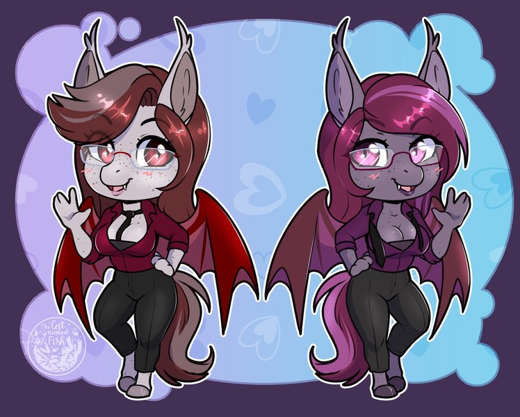 Size: 3012x2416 | Tagged: safe, artist:askbubblelee, derpibooru import, oc, oc:magenta scroll, oc:scarlet quill, unofficial characters only, anthro, bat pony, pony, unguligrade anthro, anthro oc, bat pony oc, bat wings, big breasts, breasts, busty oc, chibi, cleavage, clothes, commission, digital art, fangs, female, fraternal twins, glasses, image, mare, necktie, pants, png, shirt, siblings, sisters, slit pupils, smiling, twin sisters, twins, wings