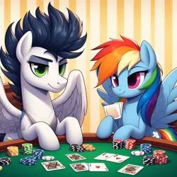 Size: 1024x1024 | Tagged: safe, ai content, derpibooru import, machine learning generated, prompter:*rainbow dash*, rainbow dash, soarin', female, g4, generator:bing image creator, generator:dall-e 3, image, jpeg, male, poker, shipping, soarindash, spread wings, straight, wings