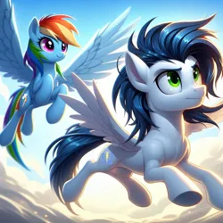 Size: 1024x1024 | Tagged: safe, ai content, derpibooru import, machine learning generated, prompter:*rainbow dash*, rainbow dash, soarin', cloud, cloudy, female, flying, g4, generator:bing image creator, generator:dall-e 3, image, jpeg, male, shipping, sky, soarindash, spread wings, straight, sun, wings