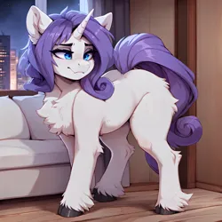 Size: 4096x4096 | Tagged: safe, ai content, derpibooru import, machine learning generated, stable diffusion, rarity, pony, unicorn, blue eyes, chest fluff, city, cityscape, cloven hooves, couch, female, flank fluff, fluffy, generator:easyfluff v11.2, hock fluff, hooves, horn, image, indoors, living room, missing cutie mark, night, png, room, smiling, solo, standing, tail, unshorn fetlocks, window