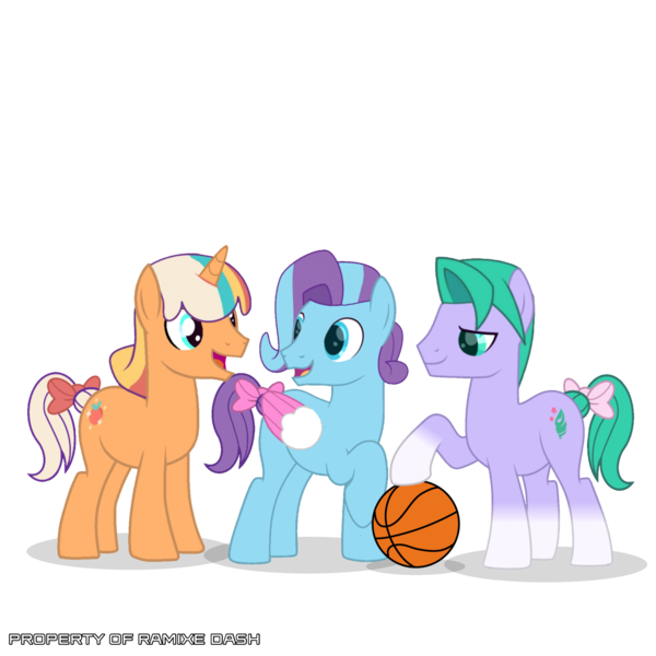 Size: 3600x3600 | Tagged: safe, artist:ramixe dash, derpibooru import, earth pony, pegasus, pony, unicorn, g5, basketball, g4, g5 to g4, generation leap, glory (g5), group, growing up, image, male, older, peach fizz, pippsqueak trio, png, rule 63, seashell (g5), sports, stallion