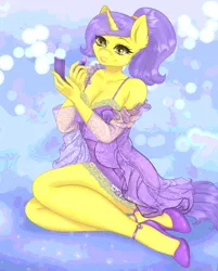 Size: 1608x2000 | Tagged: suggestive, artist:jerraldina, derpibooru import, oc, oc:tulipan, unofficial characters only, anthro, unicorn, breasts, cleavage, clothes, commission, dress, female, high heels, horn, image, kneeling, lipstick, mirror, nightgown, png, ponytail, shoes, smiling, solo, solo female, unicorn oc, ych result