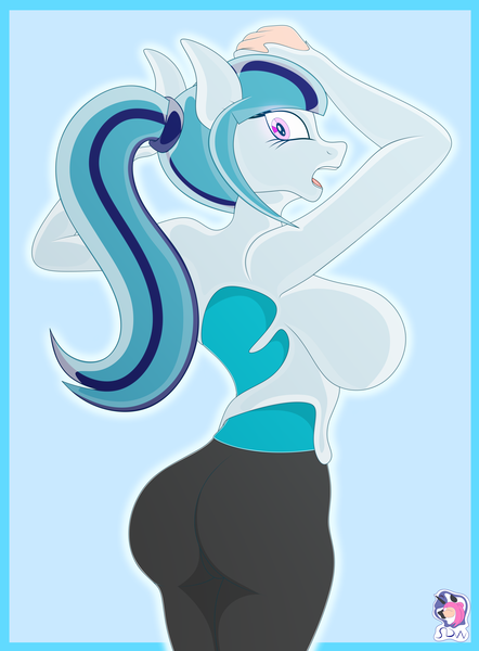 Size: 4650x6306 | Tagged: questionable, artist:skyspeardraw, derpibooru import, sonata dusk, anthro, ass, breasts, butt, female, human to anthro, image, latex, mask, png, solo, solo female, spreading, transformation