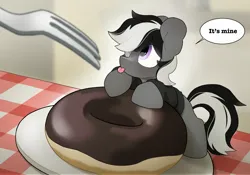 Size: 2048x1432 | Tagged: safe, artist:mochi_nation, derpibooru import, oc, oc:kenn, unofficial characters only, earth pony, pony, coat markings, commission, cute, dialogue, donut, eye clipping through hair, food, fork, image, jpeg, looking up, male, ocbetes, solo, speech bubble, stallion, tiny, tiny ponies, tongue out, ych result