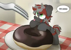 Size: 2048x1432 | Tagged: safe, artist:mochi_nation, derpibooru import, oc, unofficial characters only, earth pony, pony, coat markings, commission, cute, dialogue, donut, eye clipping through hair, food, fork, image, jpeg, looking up, male, ocbetes, solo, speech bubble, stallion, tiny, tiny ponies, tongue out, ych result