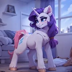 Size: 1024x1024 | Tagged: safe, ai content, derpibooru import, machine learning generated, stable diffusion, rarity, pony, unicorn, city, cityscape, couch, dock, female, g4, hair tie, hooves, horn, image, indoors, png, solo, tail, window, wrong tail color