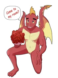 Size: 6000x8000 | Tagged: safe, artist:imposter dude, derpibooru import, garble, dragon, absurd resolution, bouquet, flower, image, kneeling, male, png, rose, simple background, smiling, solo, speech bubble, white background