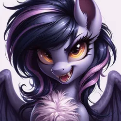 Size: 1024x1024 | Tagged: prompter needed, safe, ai content, derpibooru import, machine learning generated, oc, unofficial characters only, bat pony, bat pony oc, bat wings, bust, chest fluff, cute, ear fluff, fangs, female, generator:dall-e 3, image, jpeg, looking at you, open mouth, open smile, simple background, smiling, smiling at you, solo, spread wings, white background, wings, yellow eyes