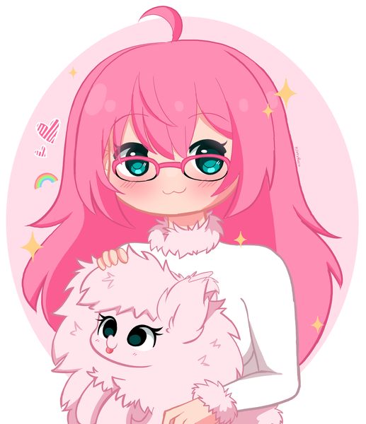 Size: 2376x2760 | Tagged: safe, artist:kittyrosie, derpibooru import, oc, oc:fluffle puff, human, pony, abstract background, clothes, duo, glasses, heart, human ponidox, image, png, self paradox, self ponidox, sparkles, sweater