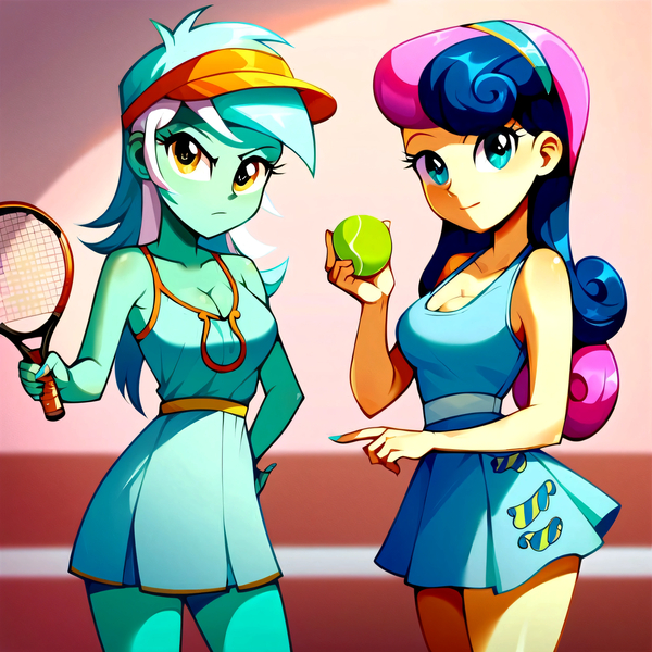 Size: 3000x3000 | Tagged: safe, ai content, anonymous prompter, derpibooru import, machine learning generated, stable diffusion, bon bon, lyra heartstrings, sweetie drops, anthro, human, equestria girls, ball, breasts, cleavage, clothes, dress, g4, generator:pony diffusion v6 xl, image, jpeg, looking at you, looking back, looking back at you, minidress, tennis ball, tennis racket, thighs, visor cap