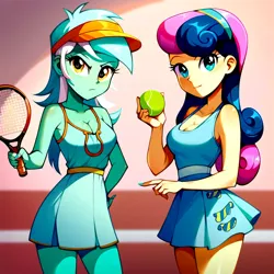 Size: 3000x3000 | Tagged: safe, ai content, anonymous prompter, derpibooru import, machine learning generated, stable diffusion, bon bon, lyra heartstrings, sweetie drops, anthro, human, equestria girls, ball, breasts, cleavage, clothes, dress, g4, generator:pony diffusion v6 xl, image, jpeg, looking at you, looking back, looking back at you, minidress, tennis ball, tennis racket, thighs, visor cap