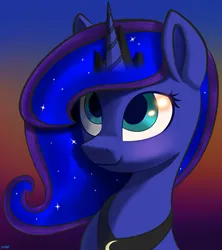 Size: 2729x3072 | Tagged: safe, artist:maonyman, derpibooru import, princess luna, alicorn, pony, blushing, bust, crown, derpibooru exclusive, ethereal mane, female, g4, gradient background, horn, image, jewelry, looking up, mare, png, regalia, shading, shading practice, solo, starry mane, sunset, unicorn horn