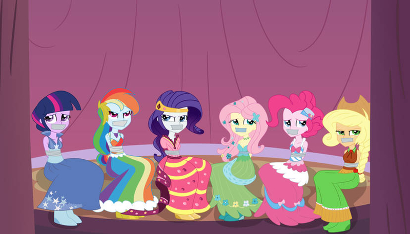 Size: 3500x1998 | Tagged: safe, artist:nie-martw-sie-o-mnie, derpibooru import, applejack, fluttershy, pinkie pie, rainbow dash, rarity, twilight sparkle, equestria girls, applesub, bondage, clothes, dashsub, dress, femsub, fluttersub, gag, gala dress, image, jpeg, mane six, pinkiesub, rarisub, submissive, tape, tape gag, tied up, twisub