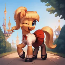 Size: 2048x2048 | Tagged: safe, ai content, derpibooru import, machine learning generated, stable diffusion, oc, unofficial characters only, earth pony, pony, blouse, bush, canterlot, clothes, female, generator:pony diffusion v6 xl, hoof shoes, image, jpeg, looking at you, mare, one eye closed, open mouth, open smile, outdoors, pantyhose, path, ponytail, prompter:siber, raised hoof, skirt, sky, smiling, solo, tree, walking, wink, winking at you