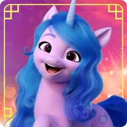 Size: 1000x1000 | Tagged: safe, derpibooru import, official, izzy moonbow, g5, my little pony: a new generation, avatar, chinese text, image, looking at you, moon runes, png, profile picture, raised hoof, smiling, smiling at you