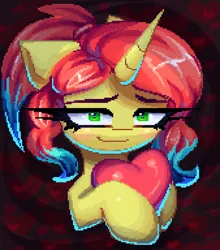 Size: 1014x1152 | Tagged: safe, artist:opal_radiance, derpibooru import, oc, oc:sunny chill, pony, unicorn, commission, heart, holiday, image, kofi, pixel art, png, solo, valentine's day, your character here