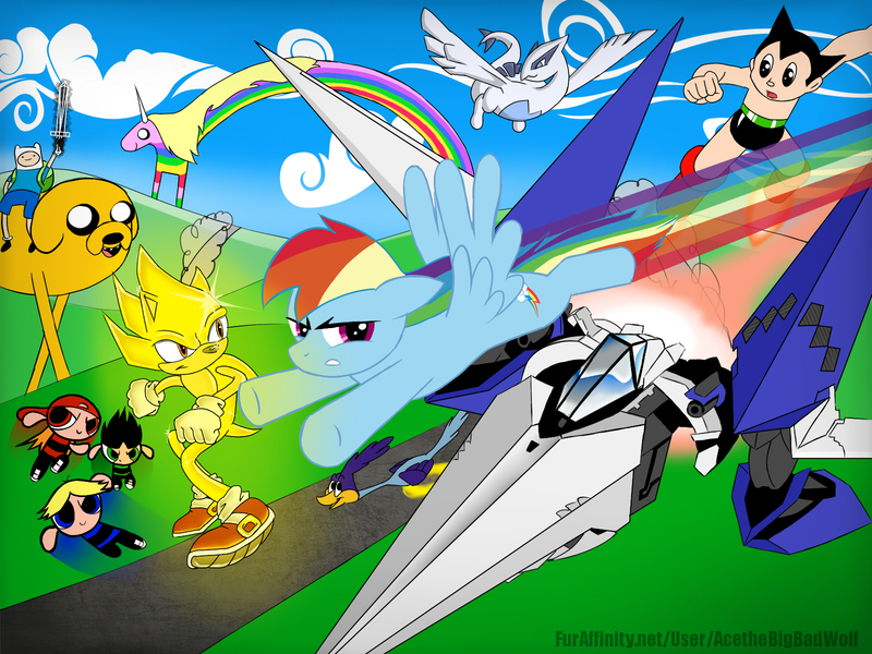 Size: 1600x1200 | Tagged: safe, artist:envythisroadrunner, derpibooru import, rainbow dash, bird, lugia, pegasus, pony, roadrunner, adventure time, arwing, astro boy, crossover, finn the human, image, jake the dog, jpeg, lady rainicorn, legendary pokémon, looney tunes, pokémon, race, rainbow trail, sonic the hedgehog, sonic the hedgehog (series), star fox, super sonic, the powerpuff girls, the rowdyruff boys