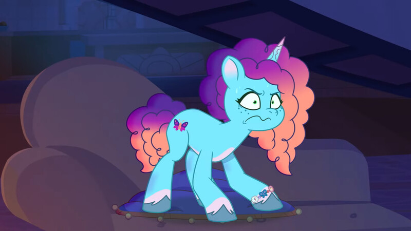 Size: 3072x1727 | Tagged: safe, derpibooru import, screencap, pony, unicorn, g5, my little pony: tell your tale, spoiler:g5, spoiler:my little pony: tell your tale, spoiler:tyts02e05, crystal brighthouse, female, food, frown, image, jpeg, mare, misty brightdawn, misty-rious new room, popcorn, rebirth misty, solo