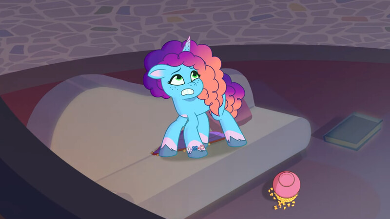 Size: 3072x1727 | Tagged: safe, derpibooru import, screencap, pony, unicorn, g5, my little pony: tell your tale, spoiler:g5, spoiler:my little pony: tell your tale, spoiler:tyts02e05, crystal brighthouse, female, food, frown, image, jpeg, mare, misty brightdawn, misty-rious new room, popcorn, rebirth misty, solo